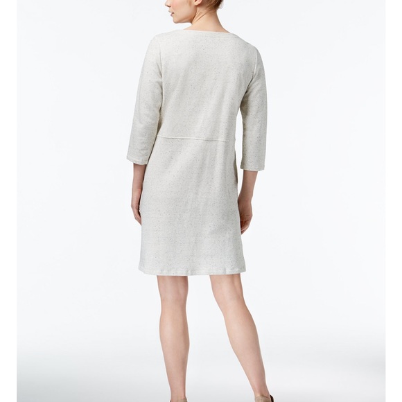 Eileen Fisher Organic Cotton 3/4 Sleeve Shift Dress Size Large White Gray - Picture 3 of 13